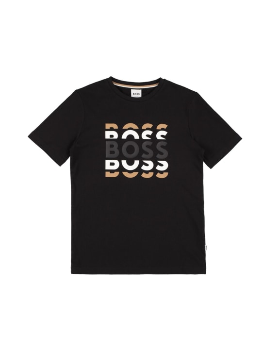 Boss: 胶浆logo棉质平纹针织T恤 - 黑色 - kids-boys_0 | Luisa Via Roma
