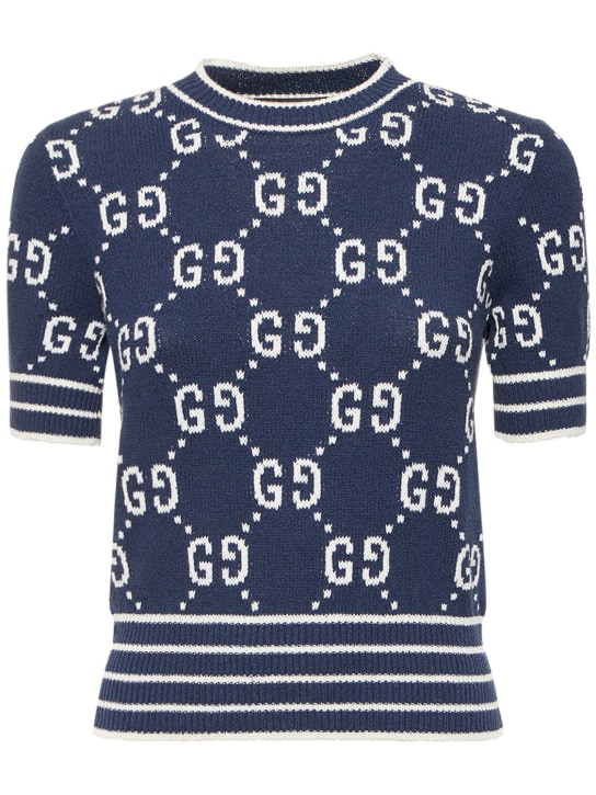 Gucci: GG cotton blend knit top - Lacivert/Fil dişi - women_0 | Luisa Via Roma