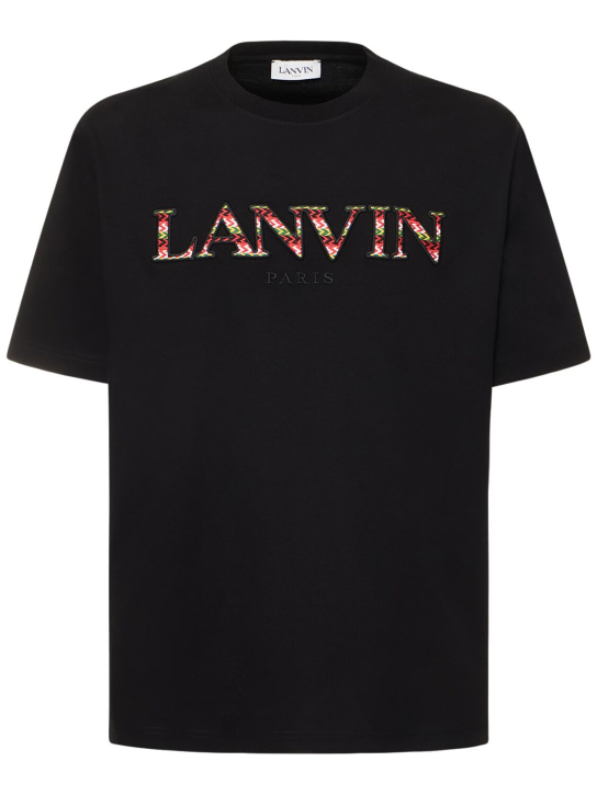 Lanvin: Curb 로고 자수 코튼 티셔츠 - 블랙 - men_0 | Luisa Via Roma