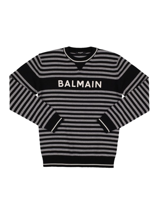 Balmain: Striped wool knit sweater w/logo - Black/Grey - kids-girls_0 | Luisa Via Roma