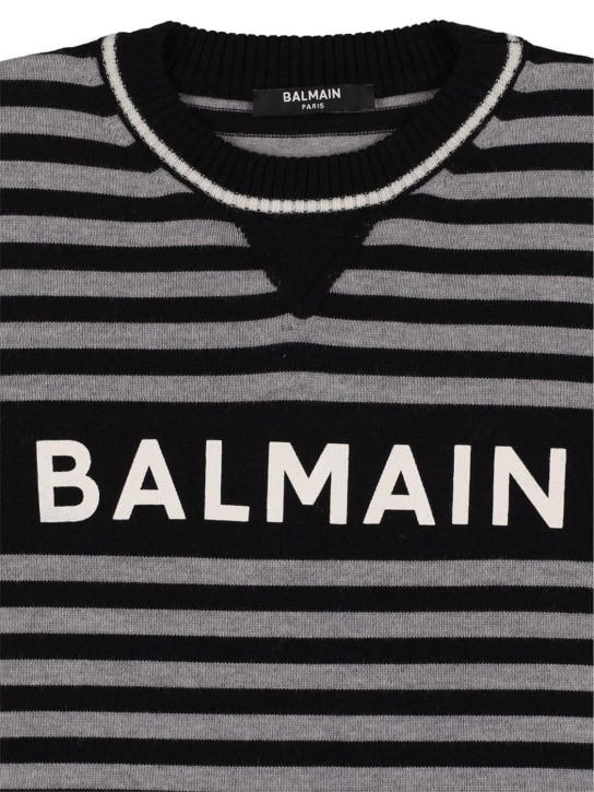 Balmain: Striped wool knit sweater w/logo - Black/Grey - kids-girls_1 | Luisa Via Roma