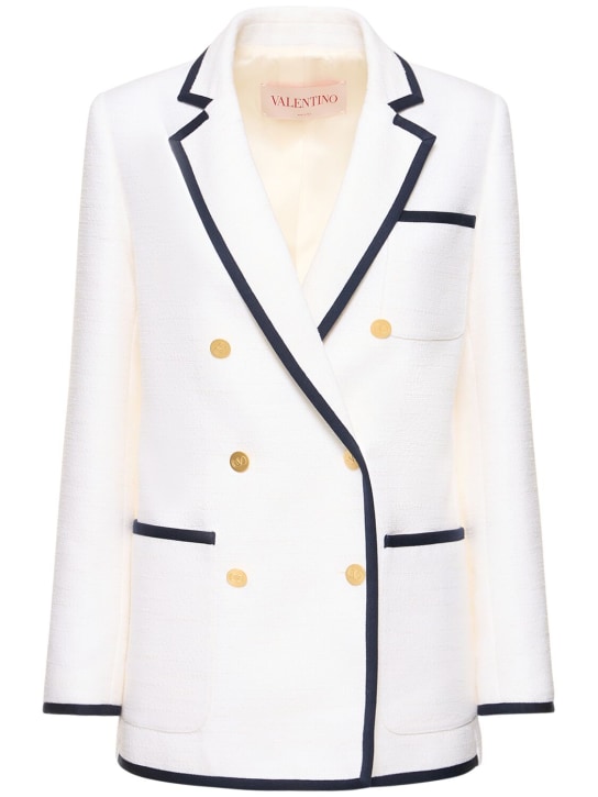 Valentino: Double breast crisp tweed jacket - White/Navy - women_0 | Luisa Via Roma
