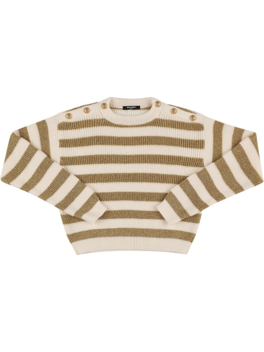 Balmain: Striped wool knit sweater - White/Gold - kids-girls_0 | Luisa Via Roma