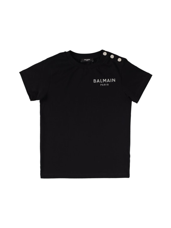Balmain: Logo有机棉平纹针织T恤 - 黑色 - kids-girls_0 | Luisa Via Roma