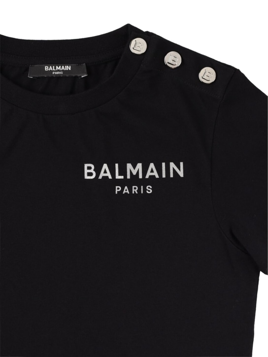 Balmain: T-shirt en jersey de coton biologique à logo - Noir - kids-girls_1 | Luisa Via Roma