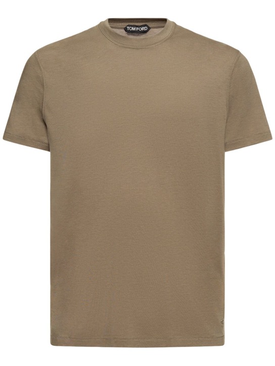 Tom Ford: T-shirt en coton mélangé à col ras-du-cou - Noir Olive - men_0 | Luisa Via Roma