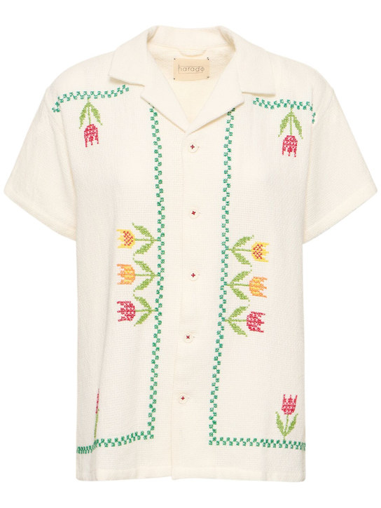 Harago: Tulip cross embroidered cotton shirt - women_0 | Luisa Via Roma
