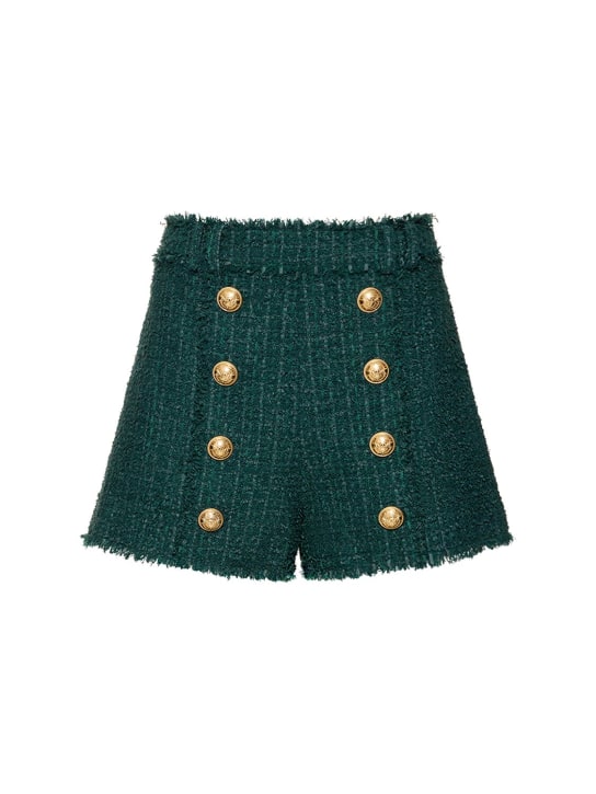 Balmain: Tweed high rise mini shorts - Dark Green - women_0 | Luisa Via Roma