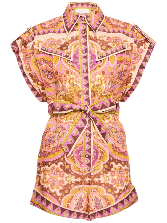 Zimmermann: Halcyon printed self-tie linen romper - Mustard / Pink - women_0 | Luisa Via Roma