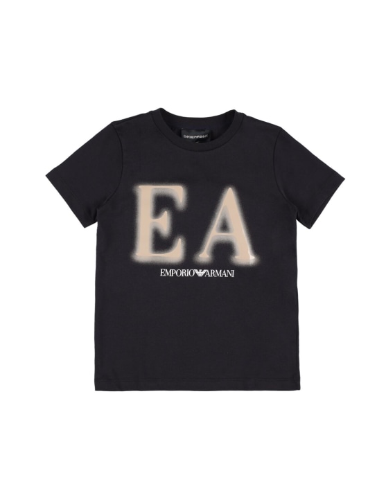 Emporio Armani: Logo印花棉质平纹针织短袖T恤 - 海军蓝 - kids-boys_0 | Luisa Via Roma