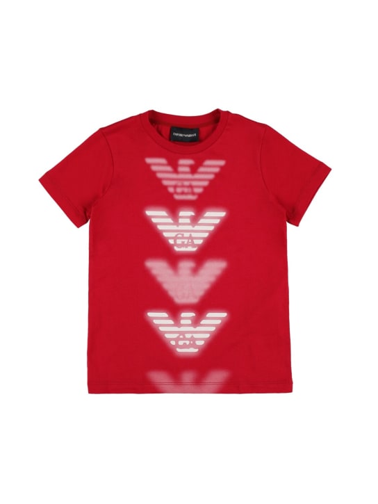 Emporio Armani: T-shirt en jersey de coton imprimé manches longues - Rouge - kids-boys_0 | Luisa Via Roma
