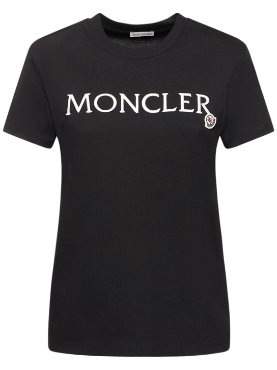 Moncler: Logo embroidered cotton t-shirt - Black - women_0 | Luisa Via Roma
