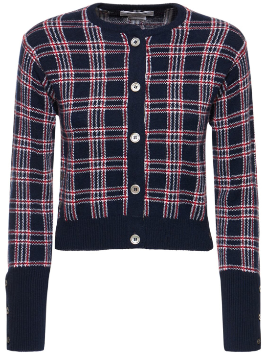 Thom Browne: Checked cashmere knit cropped cardigan - Multicolor - women_0 | Luisa Via Roma