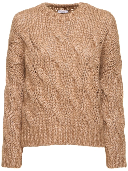 Brunello Cucinelli: Mohair blend braided knit sweater - Camel - women_0 | Luisa Via Roma