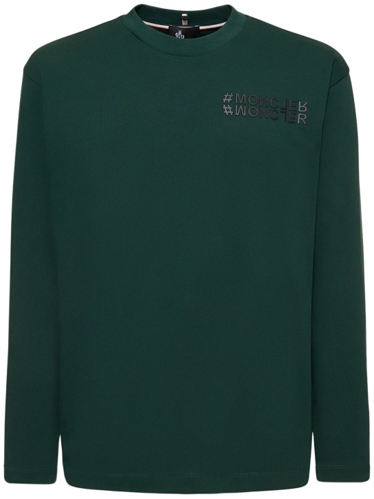 Moncler Grenoble: 厚重棉质平纹针织长袖T恤 - 绿色 - men_0 | Luisa Via Roma