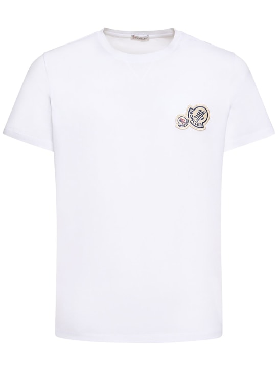 Moncler: T-shirt en jersey de coton avec patch logo - Blanc Optique - men_0 | Luisa Via Roma