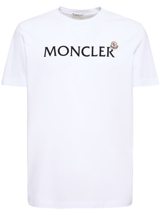 Moncler: Camiseta de jersey de algodón con logo - Blanco Óptico - men_0 | Luisa Via Roma