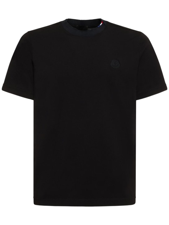 Moncler: T-shirt en jersey de coton détail logo - Noir - men_0 | Luisa Via Roma