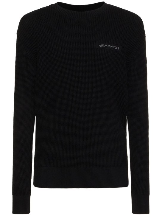 Moncler: Cotton waffle stitch crewneck sweater - Siyah - men_0 | Luisa Via Roma