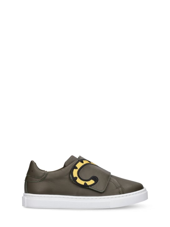 Kenzo Kids: Sneakers à scratch en cuir imprimé tigre - Vert Militaire - kids-boys_0 | Luisa Via Roma