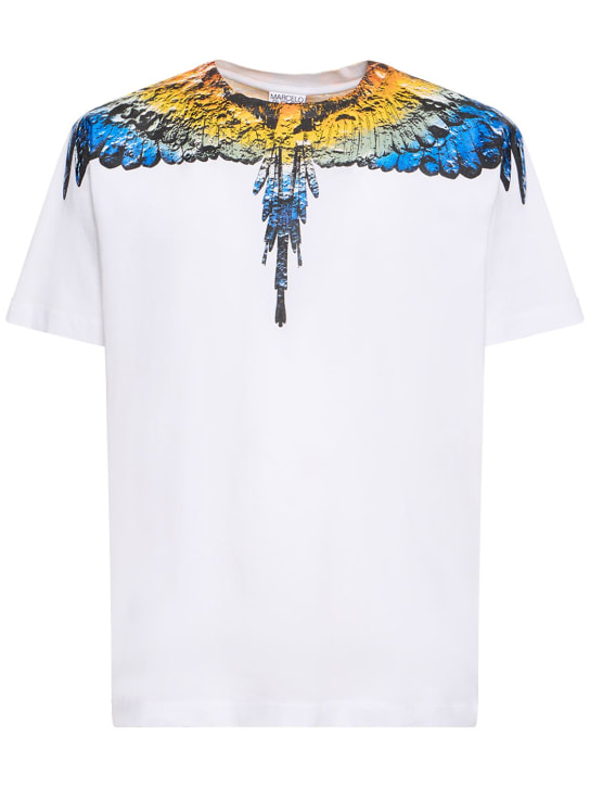 Marcelo Burlon County Of Milan: T-shirt en jersey de coton Lunar Wings - Blanc/Bleu - men_0 | Luisa Via Roma