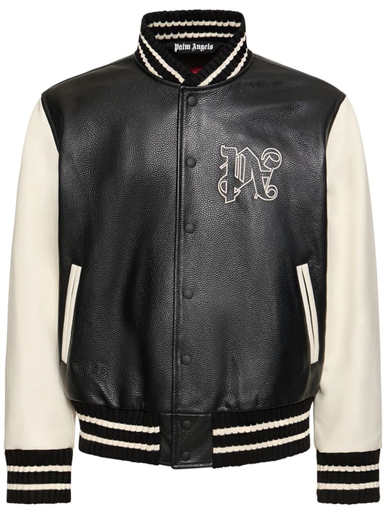 Palm Angels: Monogram classic leather varsity jacket - Black - men_0 | Luisa Via Roma