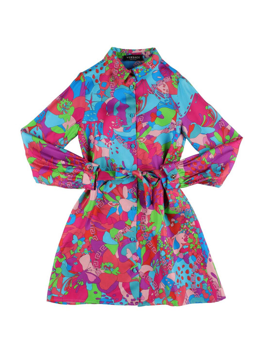Versace: Robe chemise en sergé de soie imprimé floral - Bleu Clair - kids-girls_0 | Luisa Via Roma