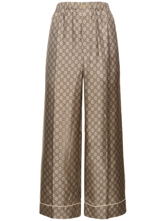 Gucci: Pantalones de sarga de seda estampados - Ébano - women_0 | Luisa Via Roma