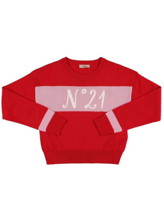 N°21: Logo嵌花羊毛混纺针织毛衣 - 红色/粉色 - kids-girls_0 | Luisa Via Roma