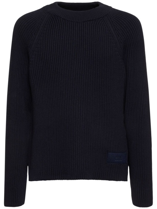 AMI Paris: Cotton & wool crewneck sweater - Gece mavisi - men_0 | Luisa Via Roma