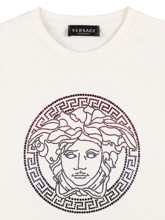 Versace: Embellished logo cotton jersey t-shirt - Beyaz - kids-girls_1 | Luisa Via Roma