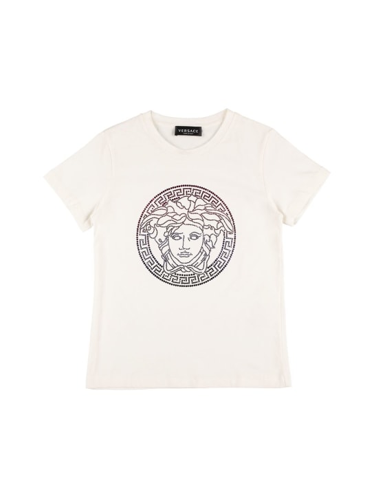 Versace: Embellished logo cotton jersey t-shirt - Beyaz - kids-girls_0 | Luisa Via Roma