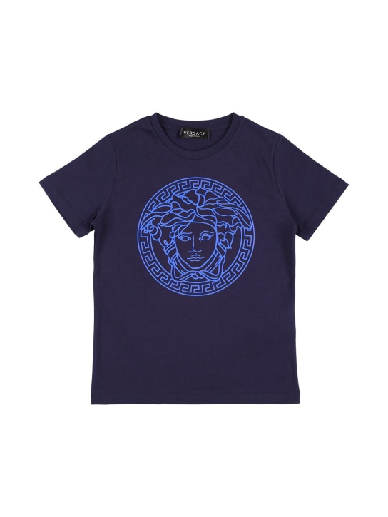 Versace: Camiseta de jersey de algodón con logo - Azul Marino - kids-boys_0 | Luisa Via Roma