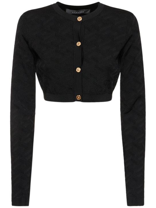Versace: Logo提花针织短款开衫 - 黑色 - women_0 | Luisa Via Roma