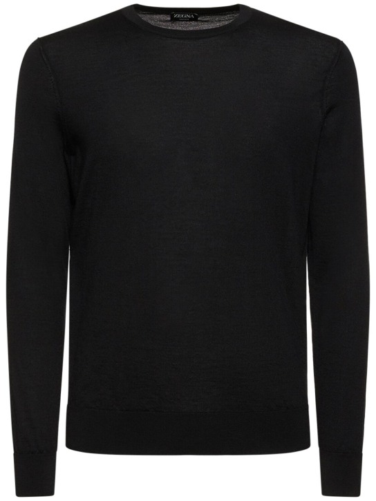 Zegna: Cashmere & silk crewneck sweater - Black - men_0 | Luisa Via Roma