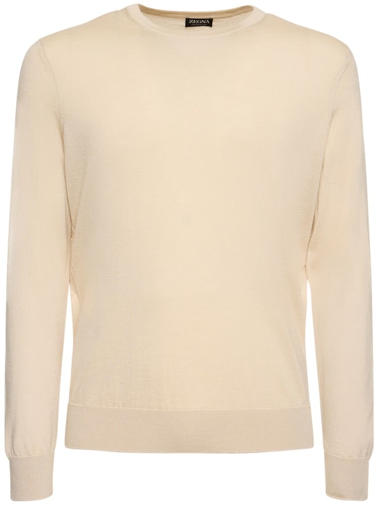 Zegna: Cashmere & silk crewneck sweater - Ivory - men_0 | Luisa Via Roma