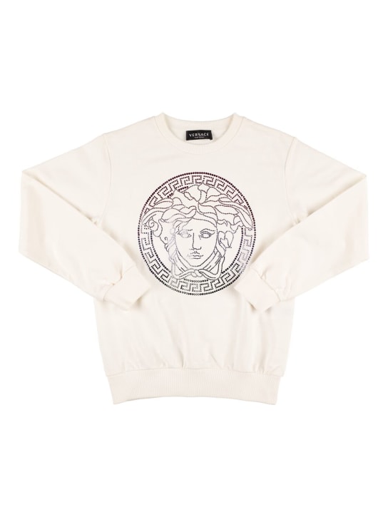 Versace: Embellished logo cotton sweatshirt - White - kids-girls_0 | Luisa Via Roma