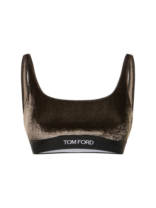 Tom Ford: Top de terciopelo stretch con logo - Gris Oscuro - women_0 | Luisa Via Roma