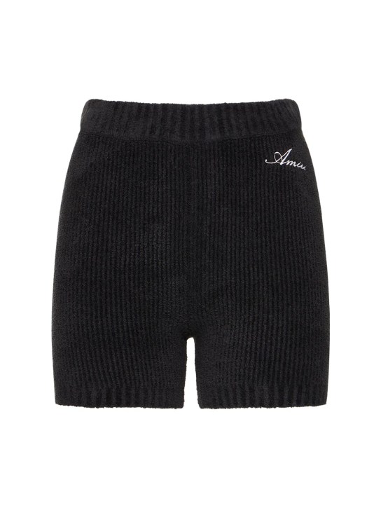 Amiri: Logo high waist velour rib knit shorts - Siyah - women_0 | Luisa Via Roma