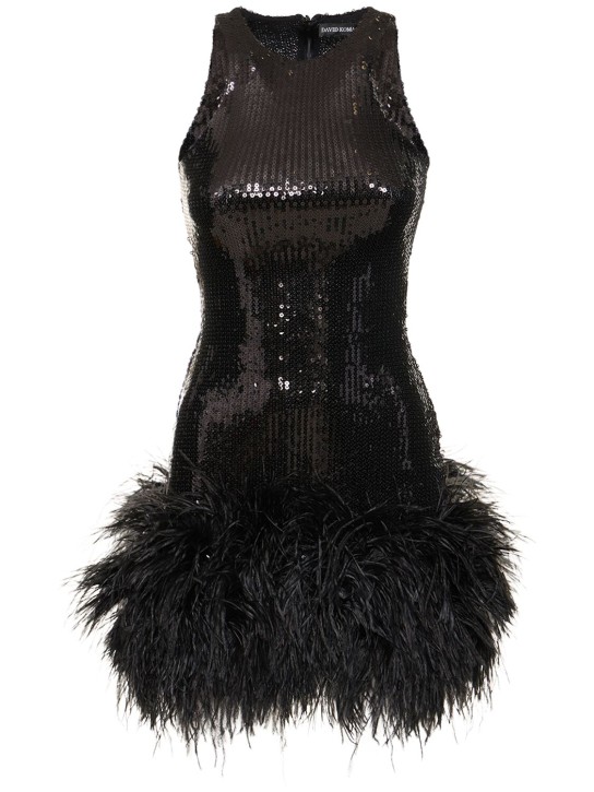 David Koma: Sequin slvless mini dress w/ feathers - Black - women_0 | Luisa Via Roma