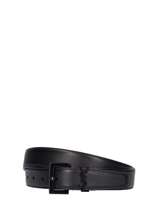 Saint Laurent: 3cm Cassandre leather belt - Siyah - women_0 | Luisa Via Roma