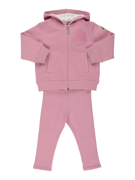 Moncler: Sweat zippé à capuche & pantalon en coton brossé - Medium Pink - kids-girls_0 | Luisa Via Roma