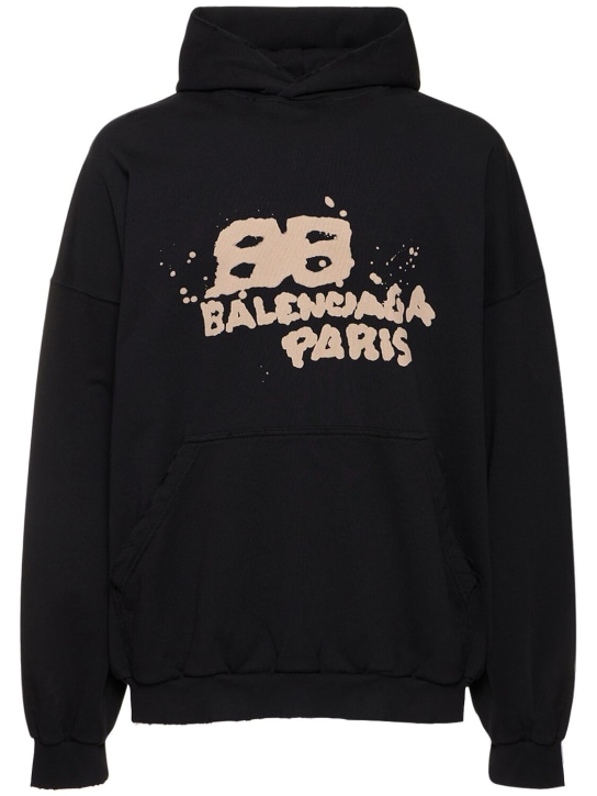 Balenciaga: Hand drawn BB icon cotton hoodie - Black/Ecru - men_0 | Luisa Via Roma