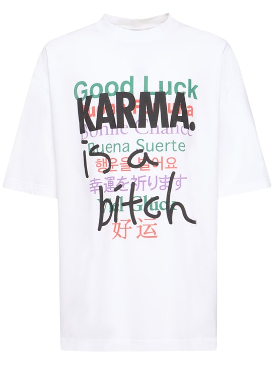 VETEMENTS: Good Luck Karma printed cotton t-shirt - Beyaz - men_0 | Luisa Via Roma