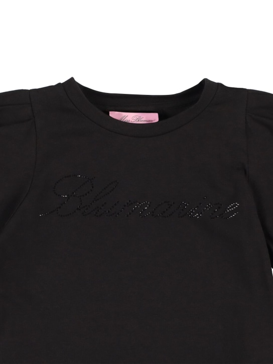 Miss Blumarine: Crystal logo cotton jersey t-shirt - Siyah - kids-girls_1 | Luisa Via Roma