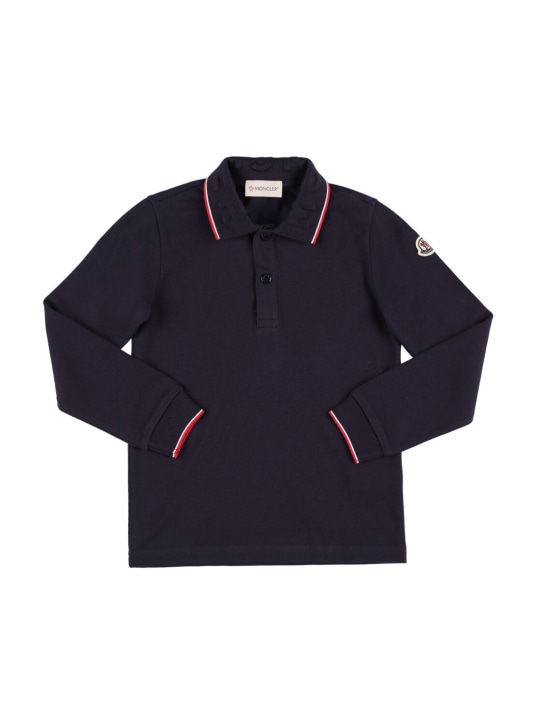 Moncler: Cotton piquet polo shirt - Lacivert - kids-boys_0 | Luisa Via Roma