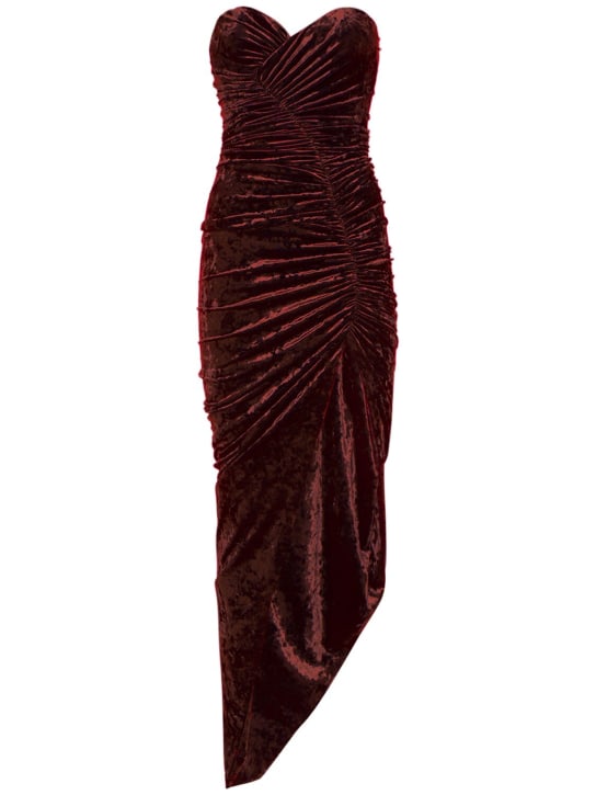 Alexandre Vauthier: Strapless crushed velvet midi dress - Koyu Kırmızı - women_0 | Luisa Via Roma