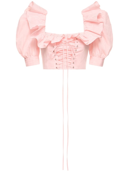 Alessandra Rich: Ruffled moiré crop top w/ lace up - Pembe - women_0 | Luisa Via Roma