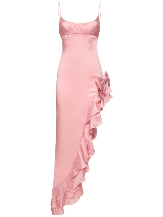 Alessandra Rich: Laminated satin long dress w/side ruffle - Pink - women_0 | Luisa Via Roma