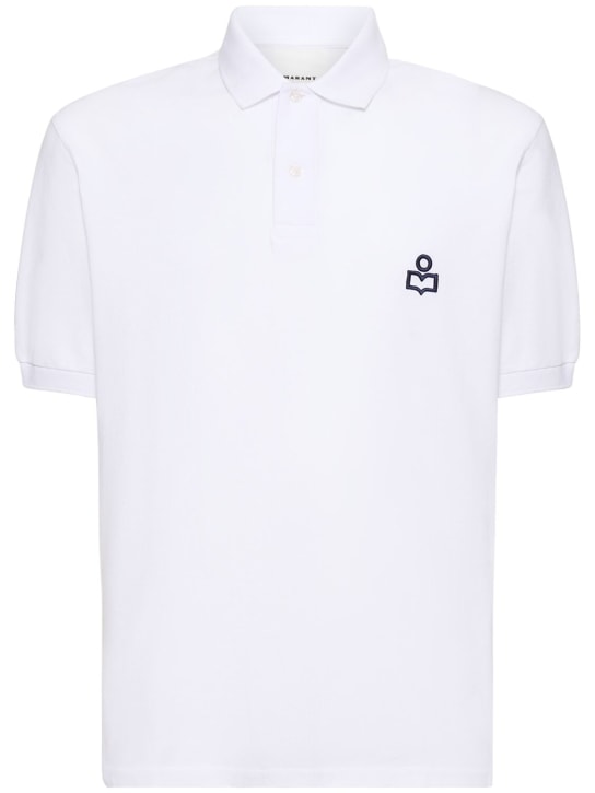 Marant: Embroidered logo cotton piquet polo - White/Navy - men_0 | Luisa Via Roma